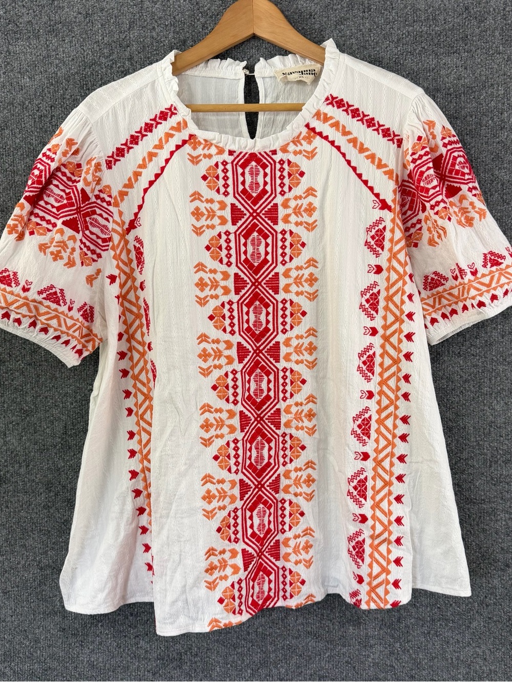 Savanna Jane Womens 2X Embroidered Boho Top White Red Orange Puff Sleeve Blouse⁠